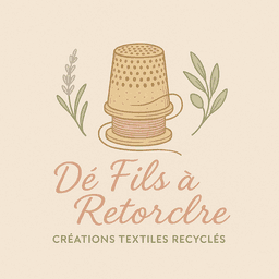Logo artisanal vintage 'Dé Fils à Retordre' avec une aiguille croisée, un brin de lavande et un dé à coudre, sur fond crème texturé.